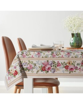 Obrus naturalno, różowy 140x180 cm gobelinowy zdobiony motywem kwiatów
