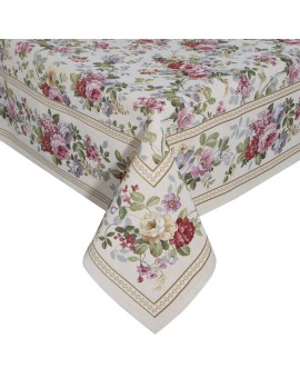 Obrus naturalno, różowy 140x180 cm gobelinowy zdobiony motywem kwiatów Eurofirany | Time- 2