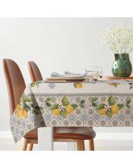 Obrus naturalno, żółty 140x180 cm gobelinowy z nadrukiem letnich cytryn