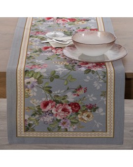 Bieżnik na stół popielato, czerwony 45x140 cm gobelinowy zdobiony motywem kwiatów