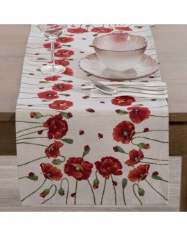Bieżnik na stół naturalno, czerwony 40x140 cm gobelinowy zdobiony motywem maków