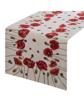 Bieżnik na stół naturalno, czerwony 40x140 cm gobelinowy zdobiony motywem maków Eurofirany | Time- 2