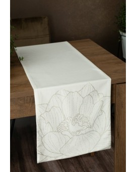 Bieżnik na stół biało, złocisty 35x220 cm welwetowy BLINK 13 z dużym wzorem lilii wodnej
