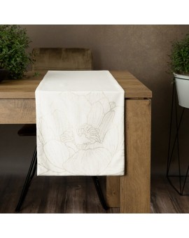 Bieżnik na stół biało, złocisty 35x220 cm welwetowy BLINK 13 z dużym wzorem lilii wodnej Eurofirany | Time- 2