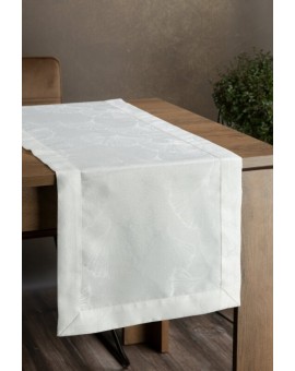 Bieżnik na stół 40x180 cm DIANA zdobiony żakardowym wzorem liści miłorzębu i ozdobną kantą