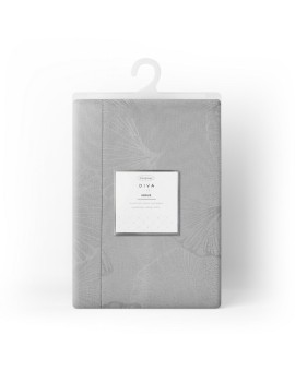 Obrus szary 145x350 cm DIANA zdobiony żakardowym wzorem liści miłorzębu i ozdobna kantą