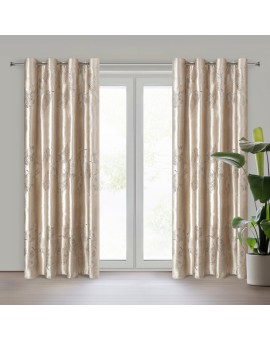 Zasłona beżowo, złota welwetowa zdobiona nadrukiem egzotycznych liści 140x250 cm przelotka - IDALIA