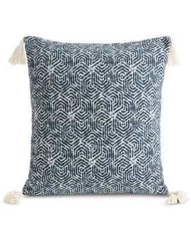 Poszewka na poduszkę 45x45 cm granatowo, kremowa w stylu boho zdobiona chwostami na rogach poszewki FABIA