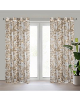 Zasłona beżowo, szampańska z nadrukiem liści z etaminy i złotych akcentów 140x250 cm przelotka - LAYLA