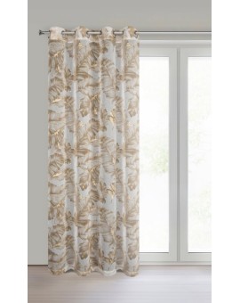 Zasłona beżowo, szampańska z nadrukiem liści z etaminy i złotych akcentów 140x250 cm przelotka - LAYLA Eurofirany | Time- 2