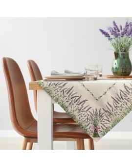 Obrus naturalno, zielony 100x100 cm gobelinowy z tkanym motywem lawendy