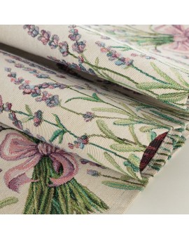 Obrus naturalno, zielony 140x180 cm gobelinowy z tkanym motywem lawendy Eurofirany | Time- 2