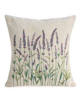 Poszewka na poduszkę 45x45 cm bawełniana, gobelinowa naturalno, zielona  z motywem lawendy GOBELIN