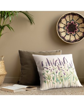 Poszewka na poduszkę 45x45 cm bawełniana, gobelinowa naturalno, zielona  z motywem lawendy GOBELIN