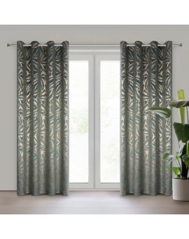 Zasłona miętowo szampańska zdobiona nadrukiem liści 140x250 cm złota przelotka - MILENA