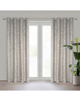 Zasłona srebrno szampańska zdobiona nadrukiem liści 140x250 cm złota przelotka - MILENA