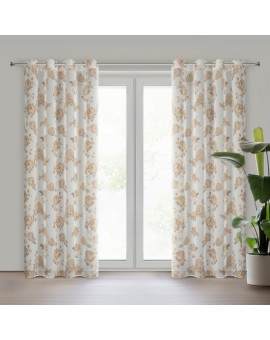 Zasłona biało, beżowa zdobiona nadrukiem róż z dodatkiem złota z etaminy 140x250 cm złote przelotki - MELA