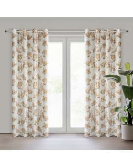 Zasłona biało beżowa zdobiona nadrukiem róż 140x250 cm złote przelotki - AVANI