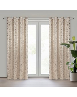 Zasłona beżowo szampańska zdobiona nadrukiem liści 140x250 cm złota przelotka - MILENA