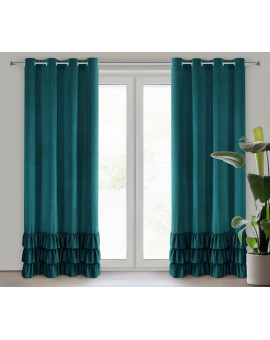 Zasłona ciemnoturkusowa z welwetu zdobiona trzema subtelnymi falbanami 140x250 cm przelotka MEGI