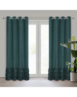 Zasłona ciemnozielona z welwetu zdobiona trzema subtelnymi falbanami 140x250 cm przelotka MEGI