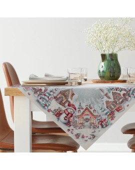 Świąteczny obrus popielato, czerwony 100x100 cm gobelinowy zdobiony tkanym wzorem chatki świętego Mikołaja