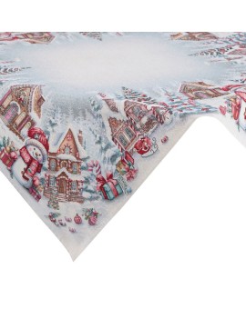 Świąteczny obrus popielato, czerwony 100x100 cm gobelinowy zdobiony tkanym wzorem chatki świętego Mikołaja Eurofirany | Time- 2