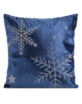 Poszewka na poduszkę świąteczna 45x45 cm granatowo, srebrna welwetowa zdobiona motywem śnieżynek z lśniących kryształków