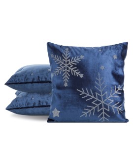 Poszewka na poduszkę świąteczna 45x45 cm granatowo, srebrna welwetowa zdobiona motywem śnieżynek z lśniących kryształków Eurofir