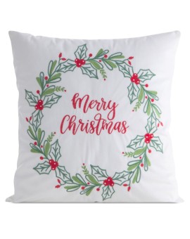Poszewka na poduszkę świąteczna 45x45 cm  welwetowa biało, zielona  zdobiona haftem