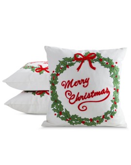 Poszewka na poduszkę świąteczna 45x45 cm  welwetowa biało, zielona  zdobiona haftem Eurofirany | Time- 2
