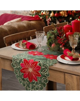 Bieżnik świąteczny na stół 35x180 cm zielono, czerwony zdobiony haftem gwiazd betlejemskich