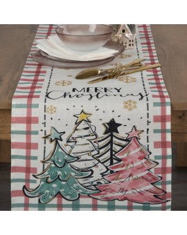 Bieżnik świąteczny na stół 33x183 cm kremowo, zielony zdobiony uroczym nadrukiem
