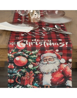 Bieżnik świąteczny na stół 33x183 cm czerwono, zielony zdobiony uroczym nadrukiem Mikołaja
