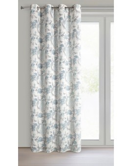 Zasłona kolor naturalny, niebieski z tkaniny z dodatkiem lnu zdobiona nadrukiem roślinnym 140x250 cm przelotka - EMERA Eurofiran