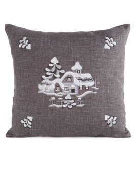 Poszewka na poduszkę świąteczna 45x45 cm stalowo, srebrna o naturalnym splocie z haftowaną aplikacją