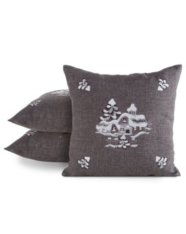 Poszewka na poduszkę świąteczna 45x45 cm stalowo, srebrna o naturalnym splocie z haftowaną aplikacją Eurofirany | Time- 2