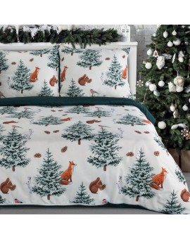 Pościel świąteczna 160x200 cm, kolor biały, zielony zdobiona uroczym nadrukiem ROLAND