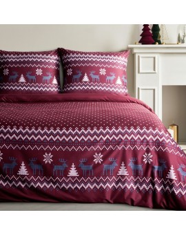 Pościel świąteczna 160x200 cm, kolor bordowy, biały z nadrukiem w stylu skandynawskim MATT