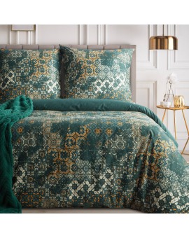 Pościel 140x200 cm satyna bawełniana kolor ciemnozielony, jasnozłoty z eleganckim wzorem roślinnym SPRING 69