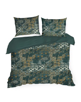 Pościel 220x200 cm z satyny bawełnianej kolor ciemnozielony, jasnozłoty z motywem mozaiki SPRING 69 Eurofirany | Time- 2