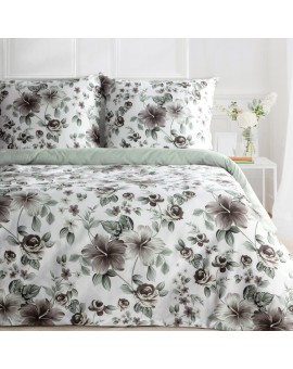 Pościel 160x200 cm z satyny bawełnianej kolor biało, stalowy z motywem kwiatów SPRING 67