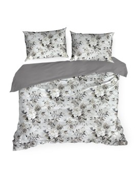Pościel 140x200 cm z satyny bawełnianej kolor srebrno, oliwkowy z motywem roślinnym SPRING 62 Eurofirany | Time- 2