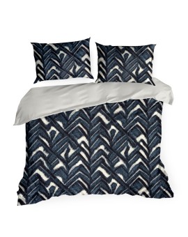 Pościel 160x200 cm z satyny bawełnianej kolor ciemnogranatowy, szarobeżowy z motywem geometrycznym SPRING 61 Eurofirany | Time- 