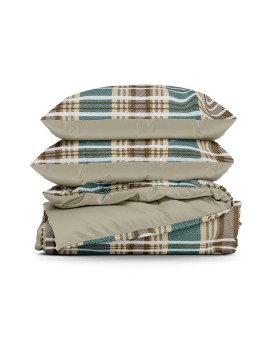 Pościel 160x200 cm z satyny bawełnianej kolor jasnobrązowy, zielony z motywem kraty SPRING 65 Eurofirany | Time- 2