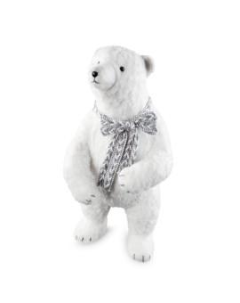 Duża figurka świąteczna dekoracyjna NIEDŹWIEDZ w plecionym szaliku z lśniącymi drobinkami