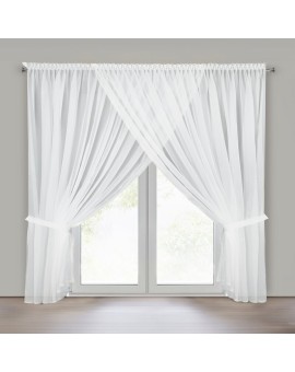 Firana biała z ozdobną koronką i troczkami w zestawie 400x250 cm na taśmie - CAROLINE