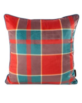Poszewka na poduszkę świąteczna 45x45 cm welwetowa czerwono, zielona w kratę zdobiona elegancką wypustką