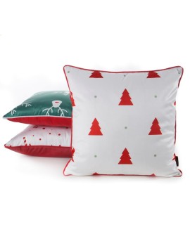 Poszewka na poduszkę świąteczna 45x45 cm biało, czerwona zdobiona nadrukiem choinek i elegancką wypustką Eurofirany | Time- 2