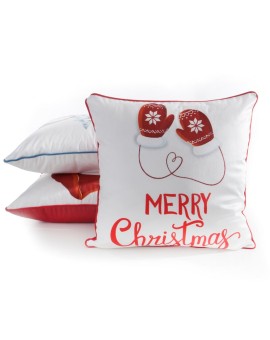 Poszewka na poduszkę 45x45 cm biało, czerwona zdobiona nadrukiem rękawic świątecznych z elegancką wypustką Eurofirany | Time- 2
